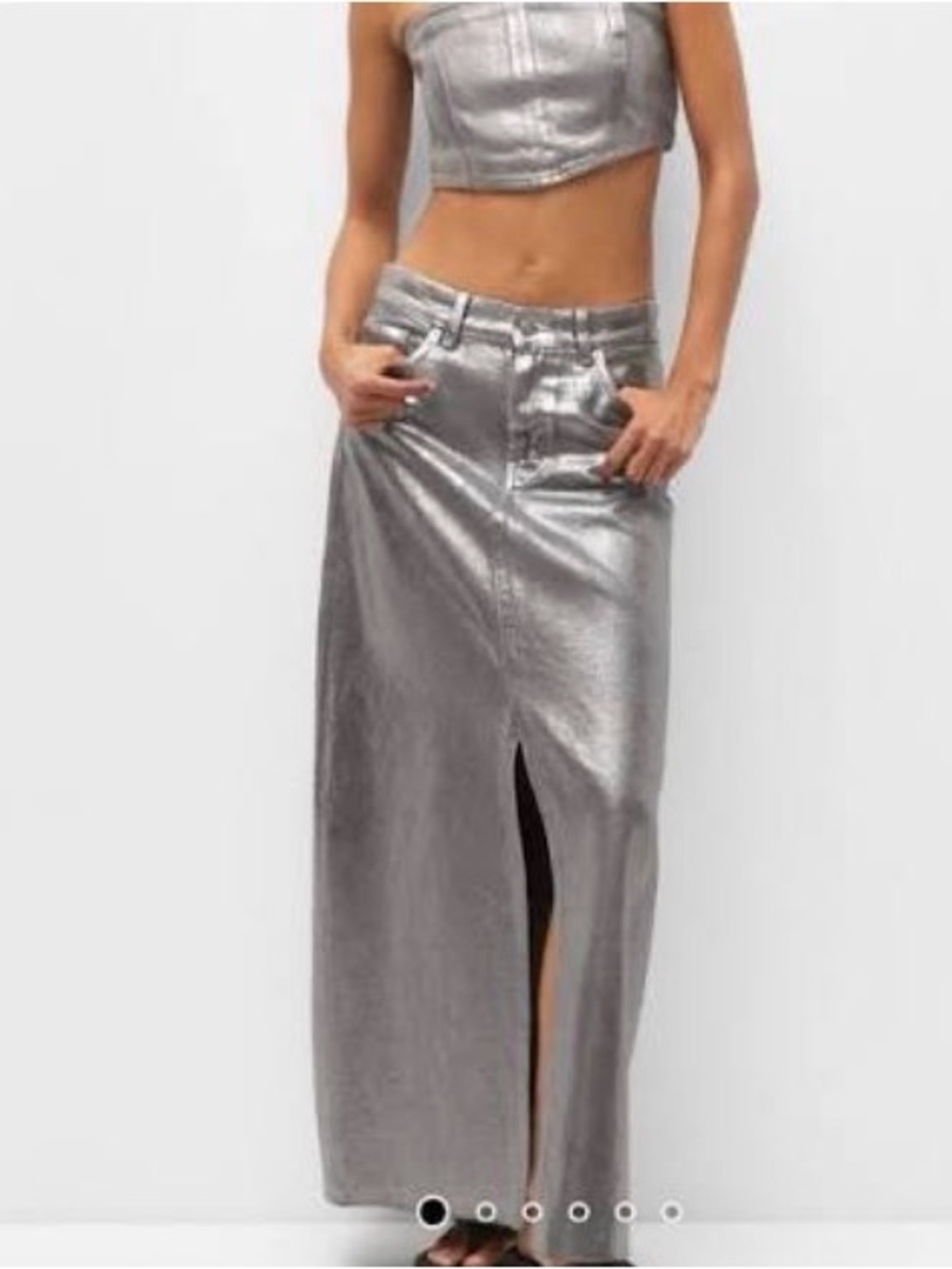 Pull&Bear Metallic Silver Maxi Skirt with Front Slit